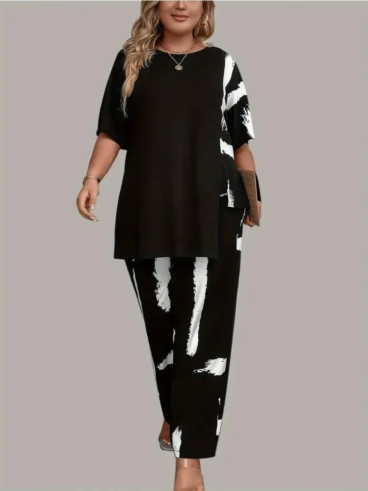 Plus Size Womens Brush Print Elegance Short Sleeve Round Neck Split Top & Matching Pants 2 Piece Outfit Set