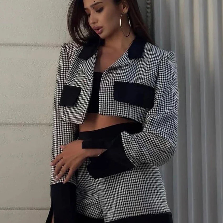 Clacive Fashion Slim Patchwork 2 Piece Sets Women Outfit 2023 Elegant Long Sleeve Crop Top With High Waist Shorts Set Streetwear black