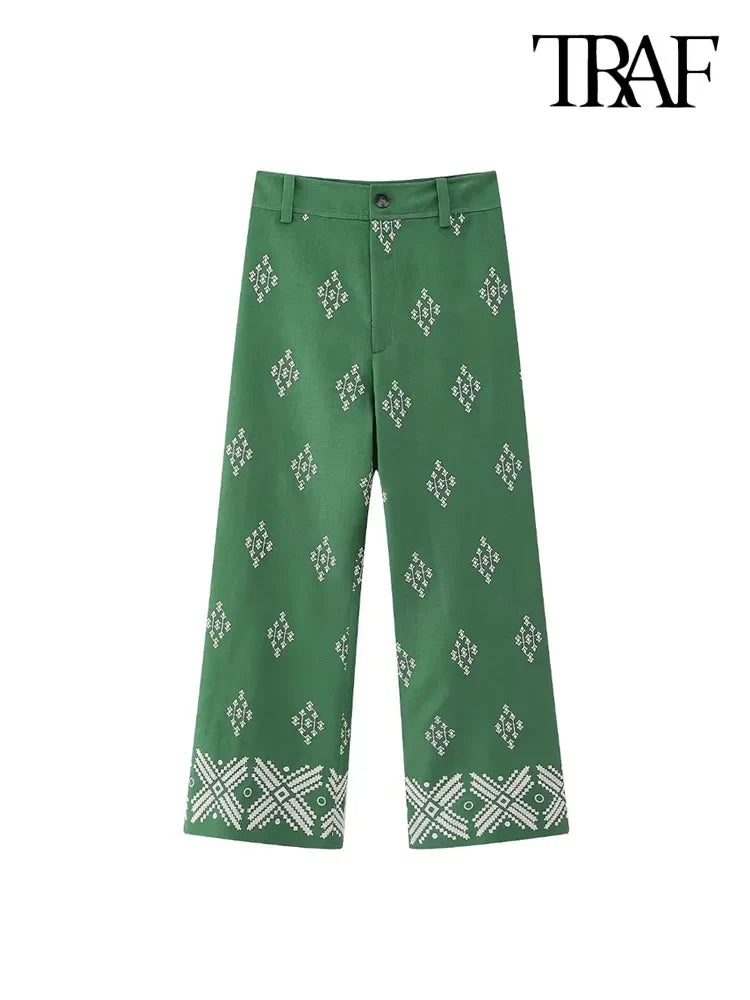 TRAF Women Fashion Embroidery Linen Straight Pants Vintage High Waist Zipper Fly Female Ankle Trousers Mujer