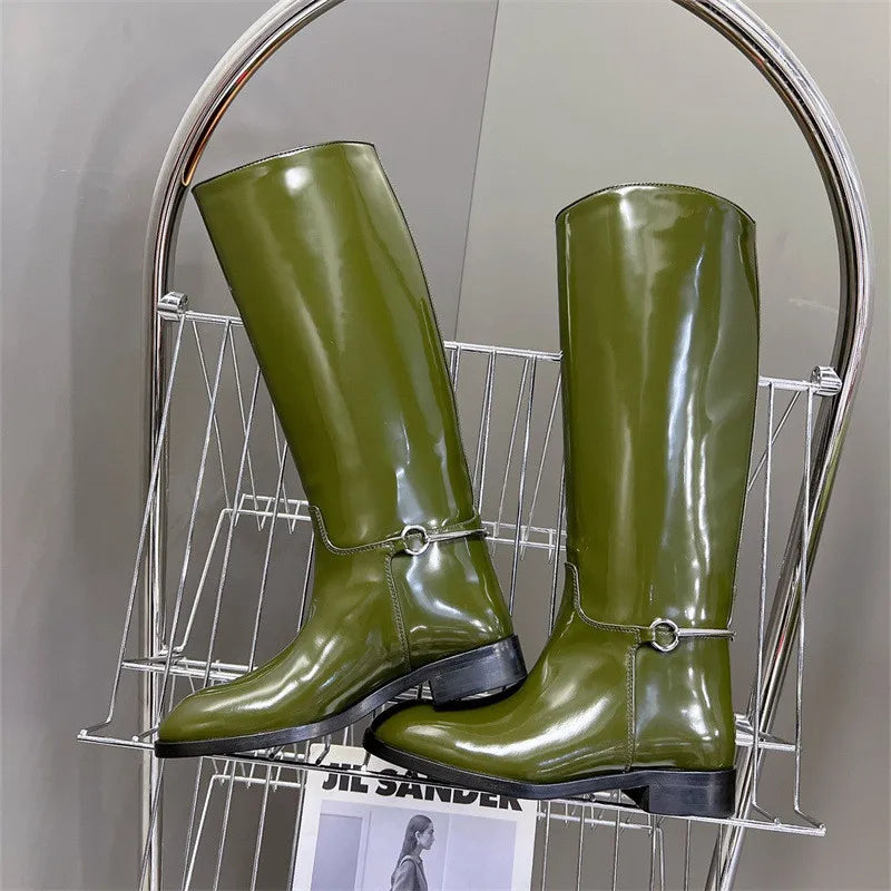 Botas femininas de cano alto, bico redondo, salto baixo, sexy, sem cadarço, para motocicleta, outono e inverno