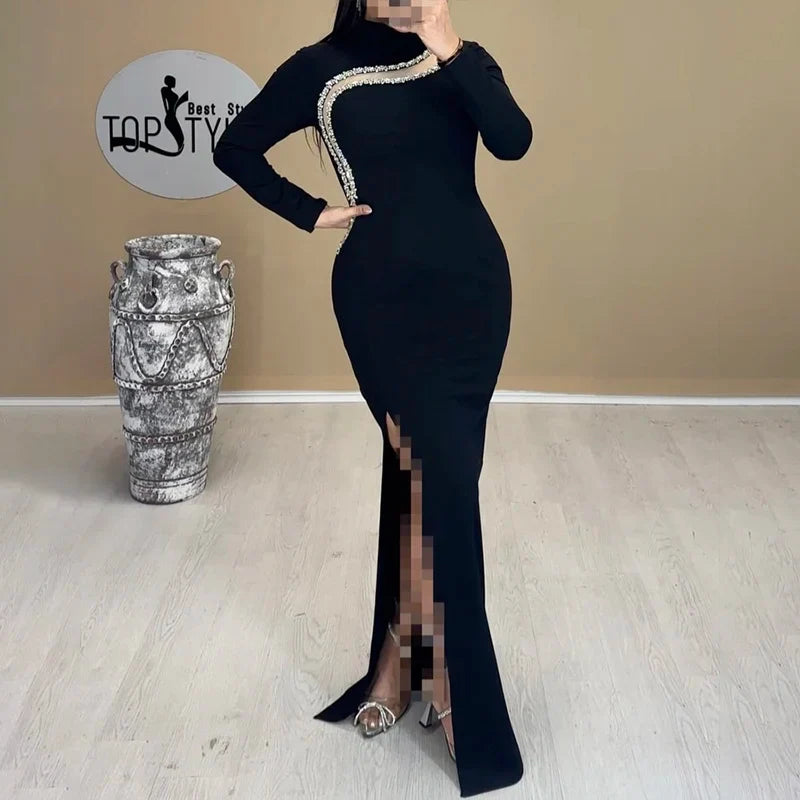 Black Color Women Long Sleeve Shinning Crystal Bodycon Bandage Long Dress Fashion Evening Party Celebrate Dress