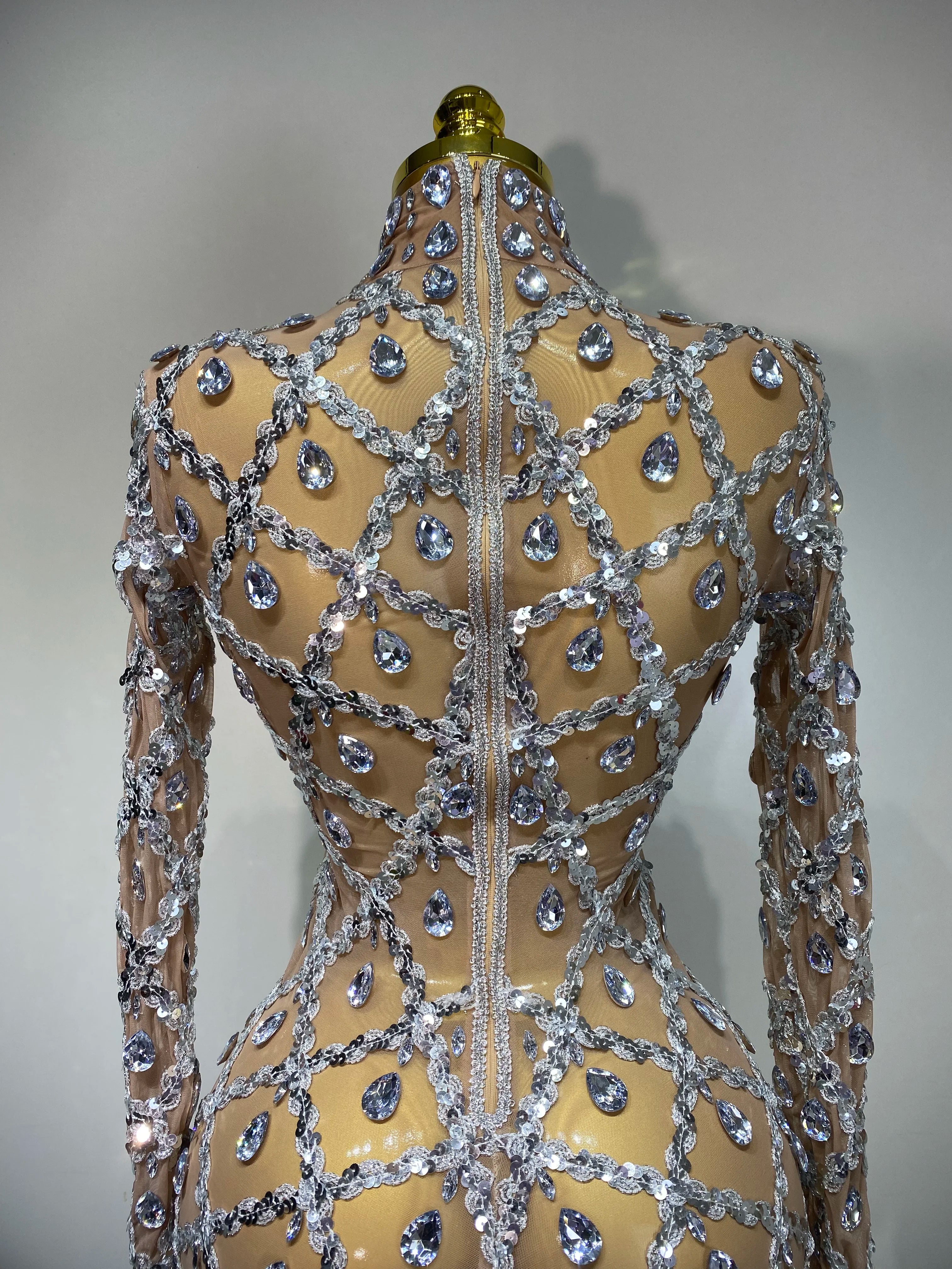 Women Sexy Luxury Birthday Dress Stage Shining Rhinestone Sequin Long Dress Evening Prom Gown Transparent Singer Club Host Dress