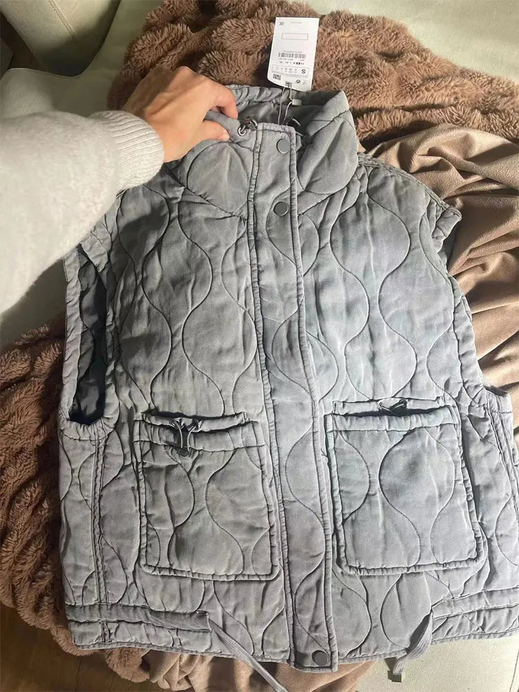 Autumn Winter Women Pocket Parkas Cotton Vest Jacket Zipper Sleeveless Female Padded Waistcoat