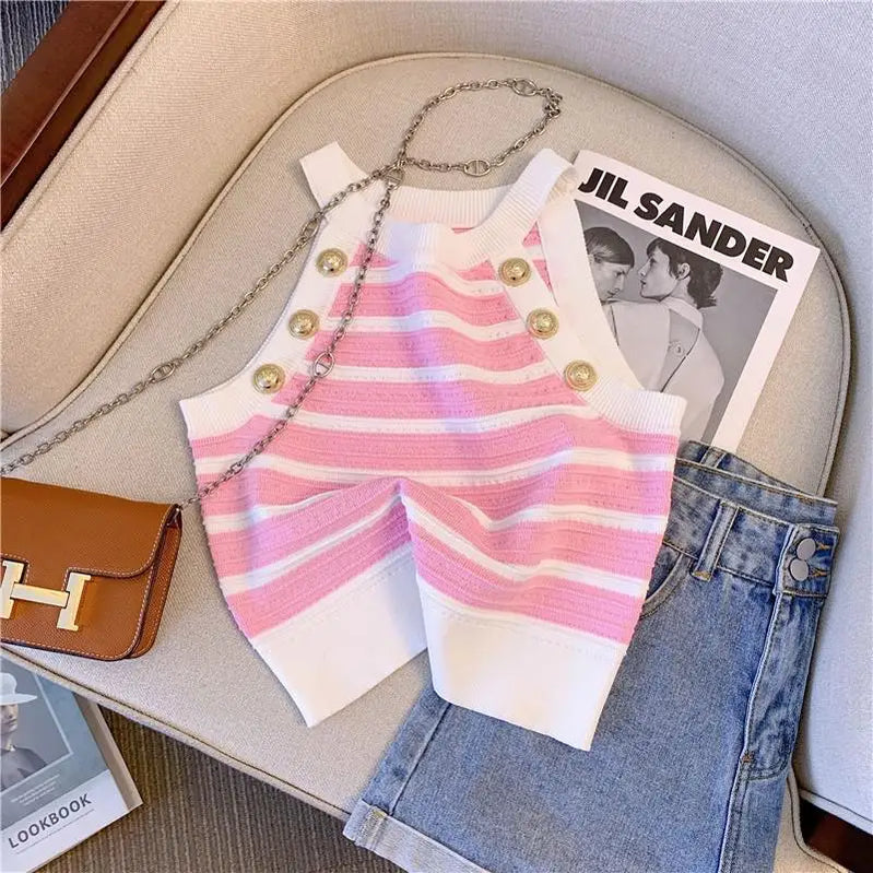 Halter Slim Striped Knitted Vests Women Crop Tops Summer Sleeveless Gold Buttons Knitwear Sexy Elegant Streetwear Vests pink One Size