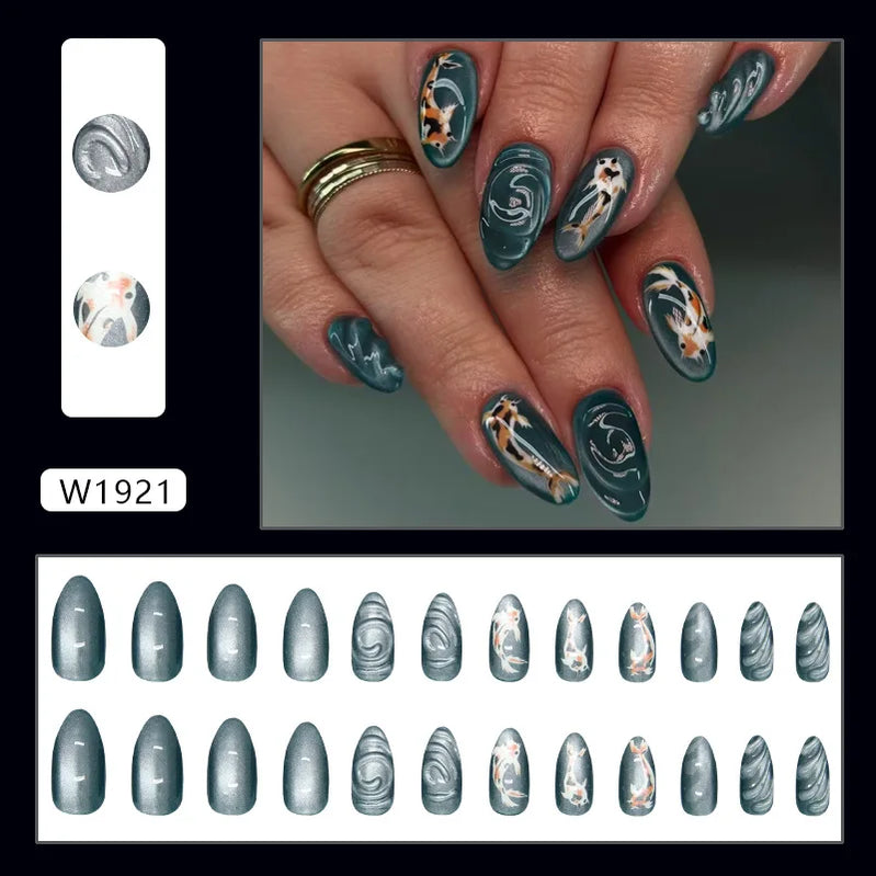 24pcs Punk Purple Press on Nails Star Moon Print y2k Style False Nails for Girl Wearable Reusable European Almond Fake Nail Tips