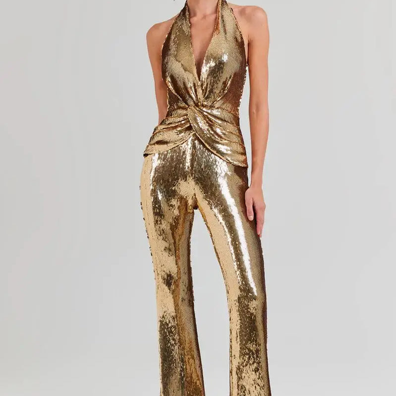 New Arrival Golden Sequins Stylish Flare Pants Halter Blackless Jumpsuit Woman Fashion Party Outfit Stage Performance Costume