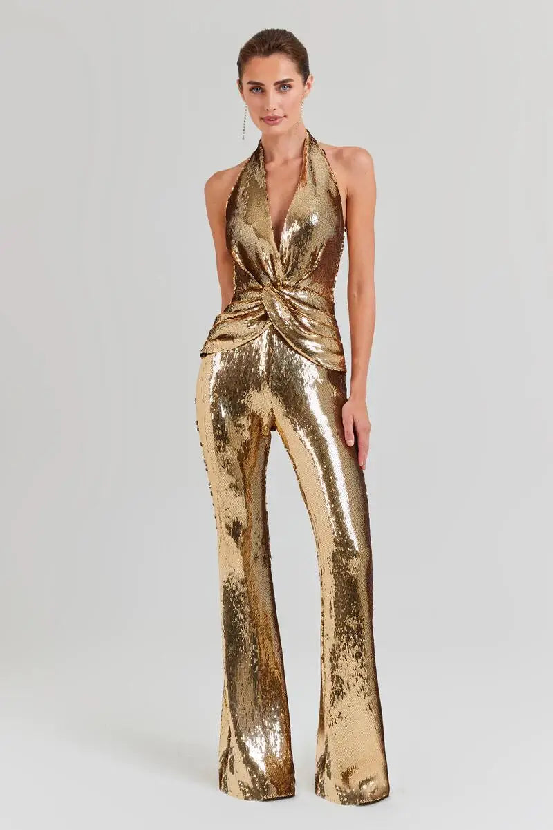 New Arrival Golden Sequins Stylish Flare Pants Halter Blackless Jumpsuit Woman Fashion Party Outfit Stage Performance Costume