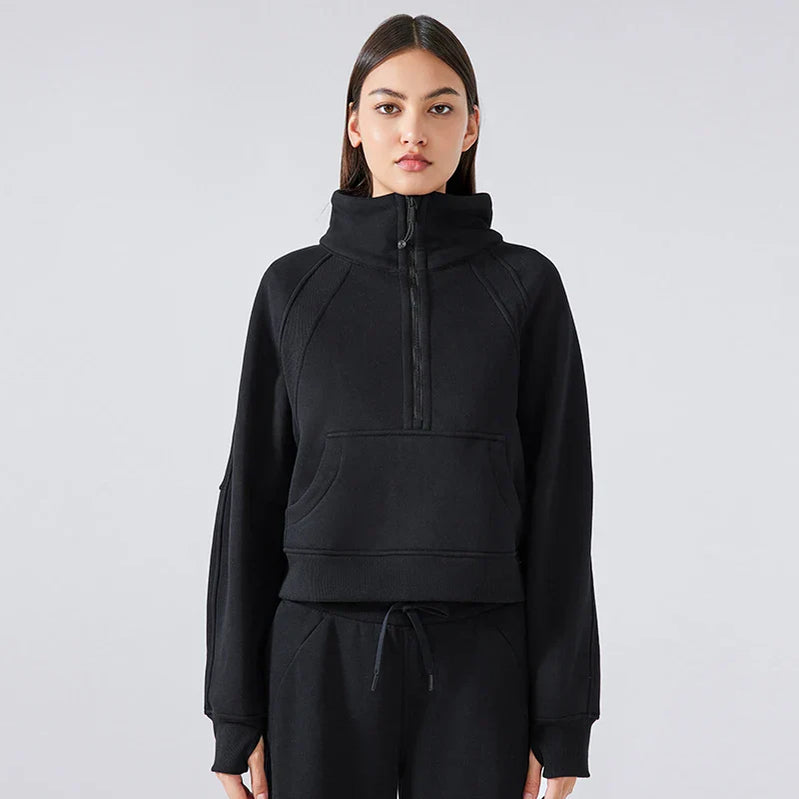 Autumn New Half Zipper High Stand Collar Pullover Top for Women's , Warm and Fleece Thick Sports Hoodie for External Wear DA W150B