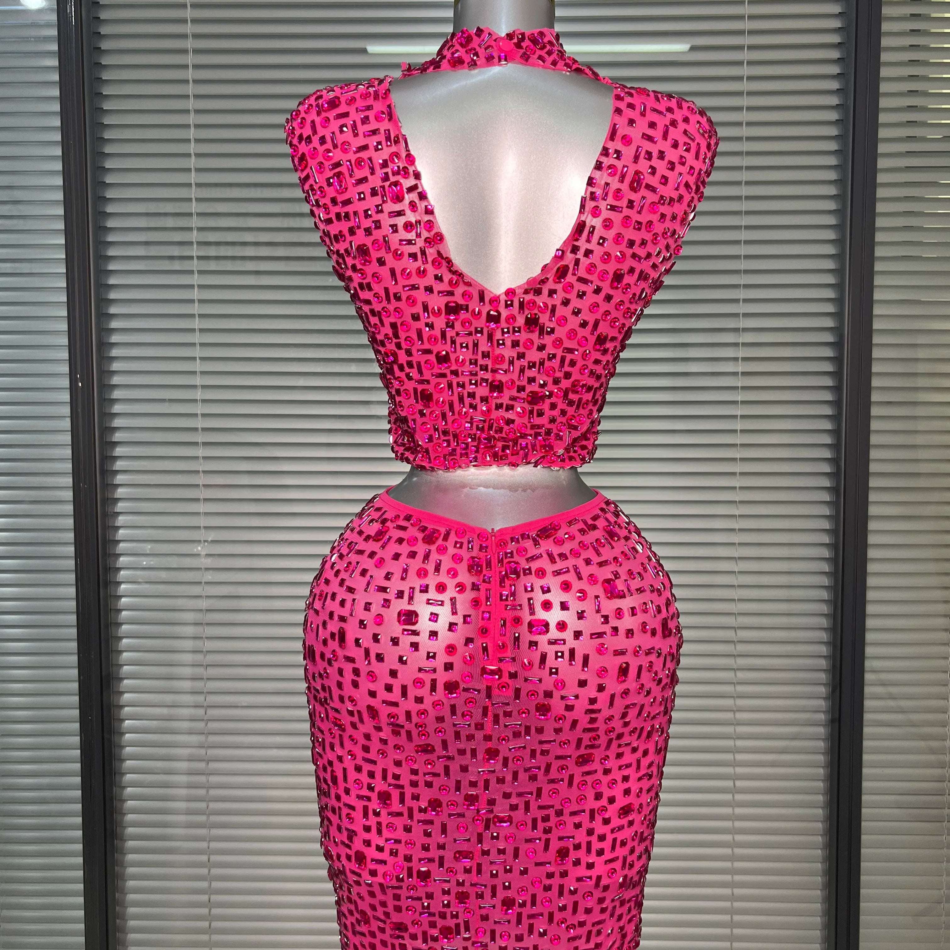 Women Sexy Two Pieces Set Women Hot Pink Crystal Diamond Night Club Skirt Suits Singer Dancer See Through Stage Costume