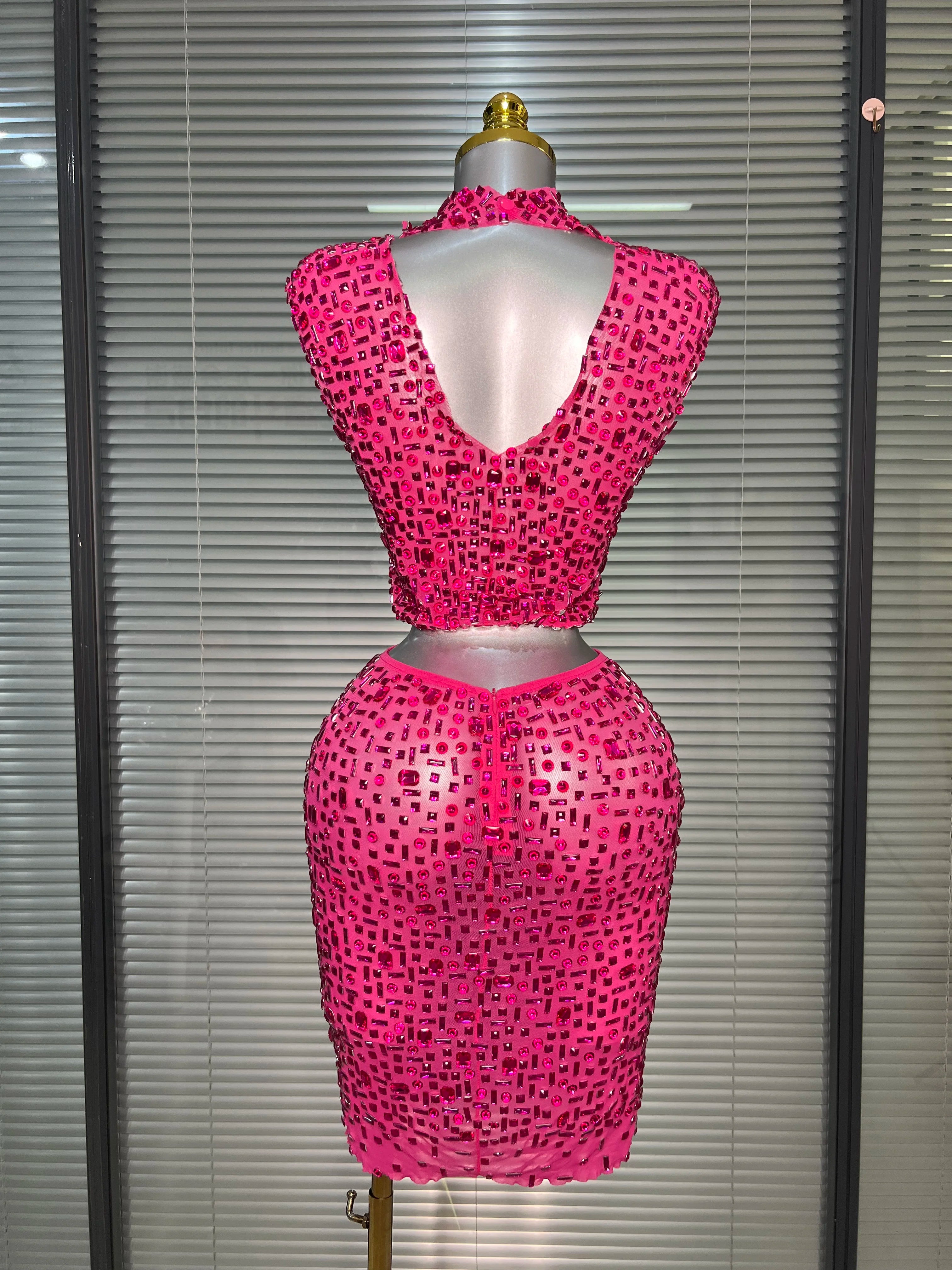 Women Sexy Two Pieces Set Women Hot Pink Crystal Diamond Night Club Skirt Suits Singer Dancer See Through Stage Costume