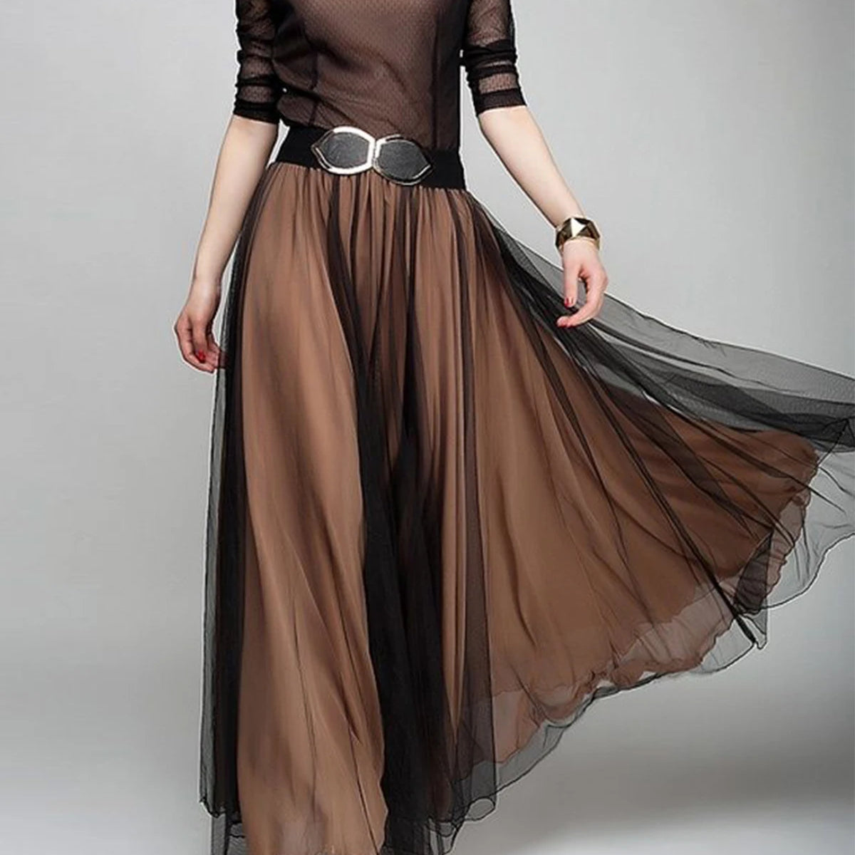 Women Plus Size Elegant Plain Boat Neck Dress Mesh Transparent Pleated A-Line Autumn Flowy Hem Wedding Guest Fashion Maxi Dress Brown
