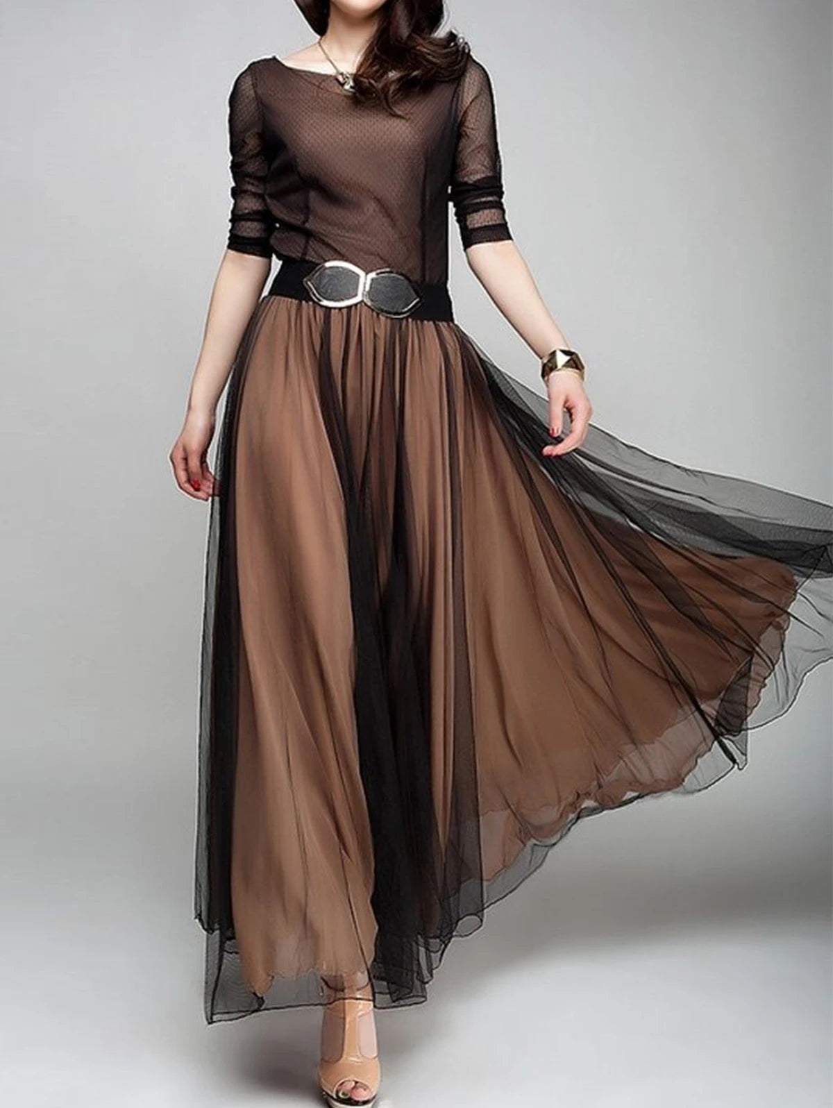 Women Plus Size Elegant Plain Boat Neck Dress Mesh Transparent Pleated A-Line Autumn Flowy Hem Wedding Guest Fashion Maxi Dress Brown