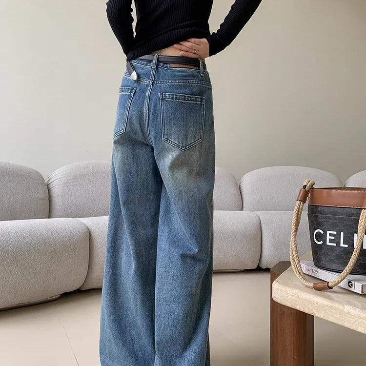Spring Women's Casual Style Harajuku Jeans Vintage High Waist Oversized Blue Pants Y2K Wide Leg Punk Baggy Denim Trouser