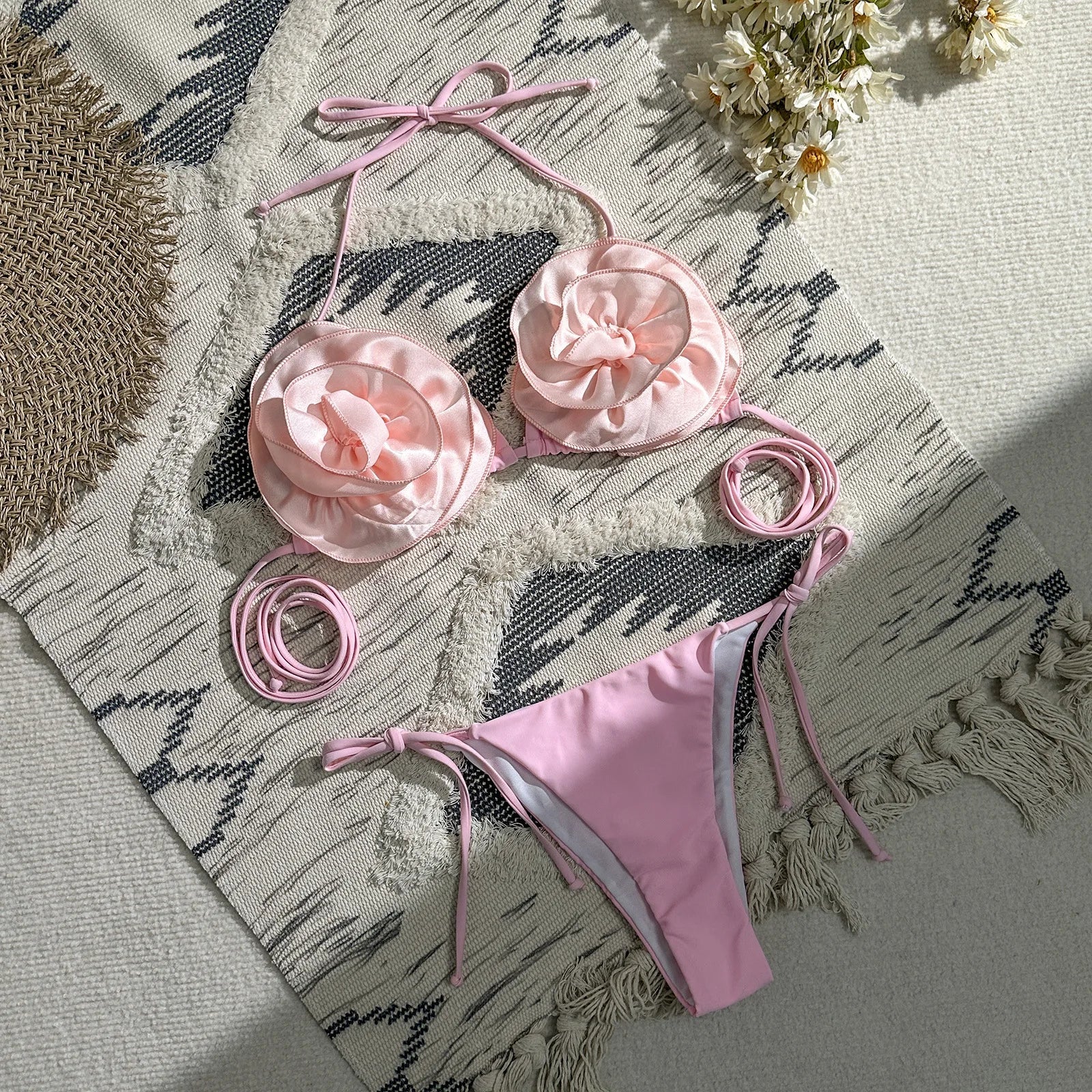 Solid Halter Swimwear Women Sexy 3D Flower Swimsuit New Bikini Set Bandage Bathing Suit Biquini