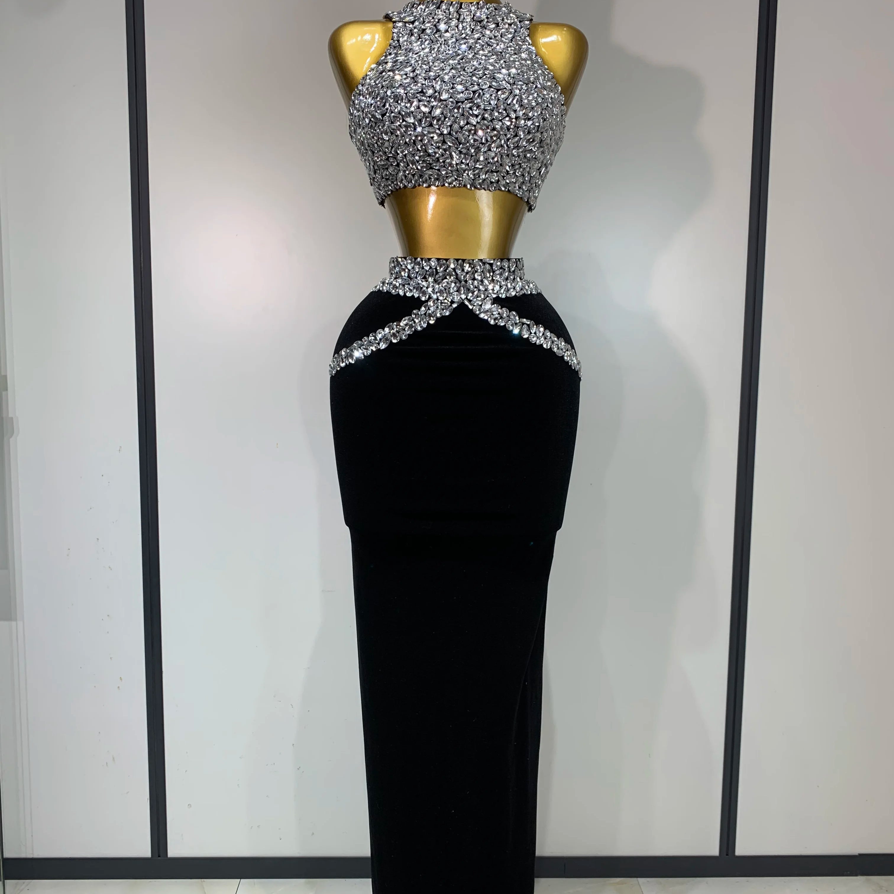 Sparkly Crystal Bodycon Long Dress 2025 Women Sexy Crop Top 2 Pieces Set Nightclub Elegant Party Performance Stage Costume