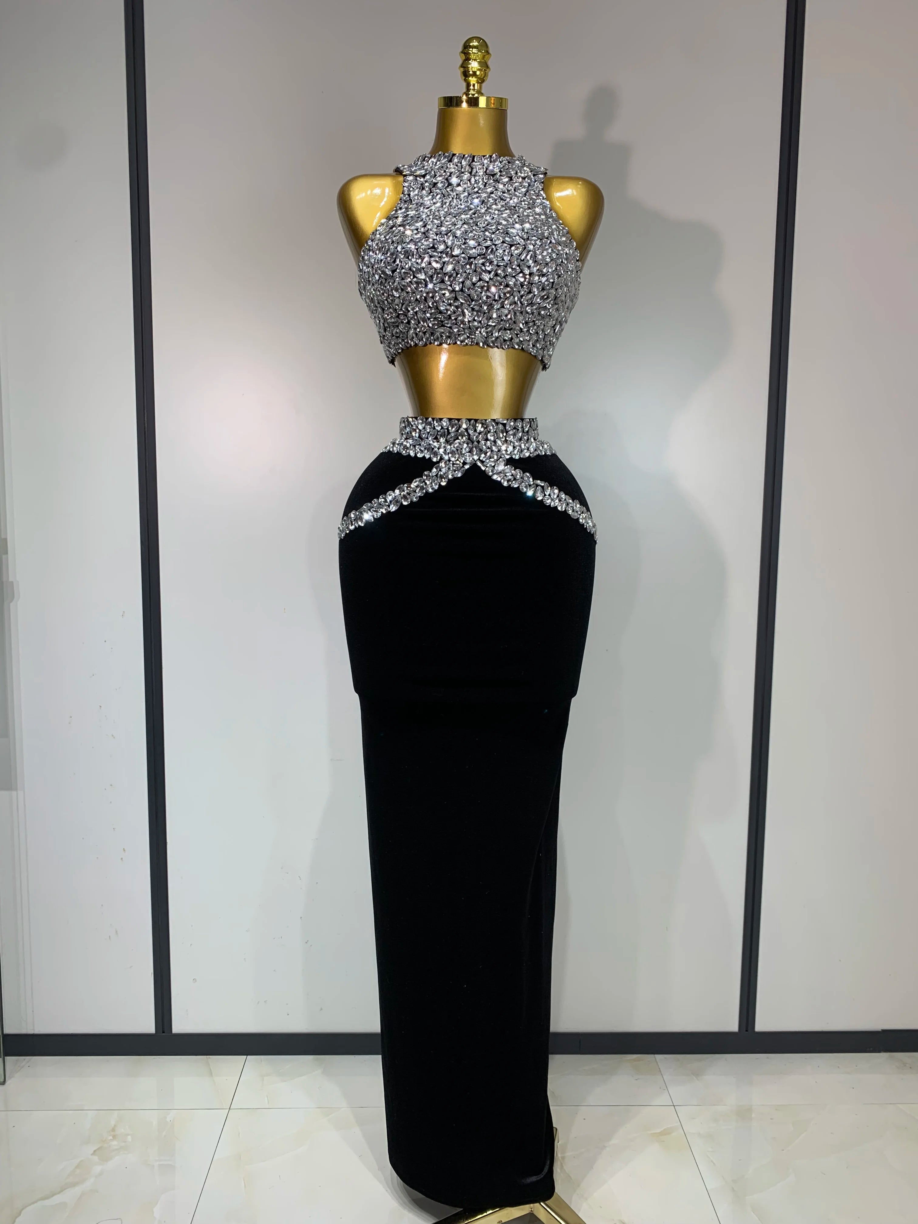 Sparkly Crystal Bodycon Long Dress 2025 Women Sexy Crop Top 2 Pieces Set Nightclub Elegant Party Performance Stage Costume