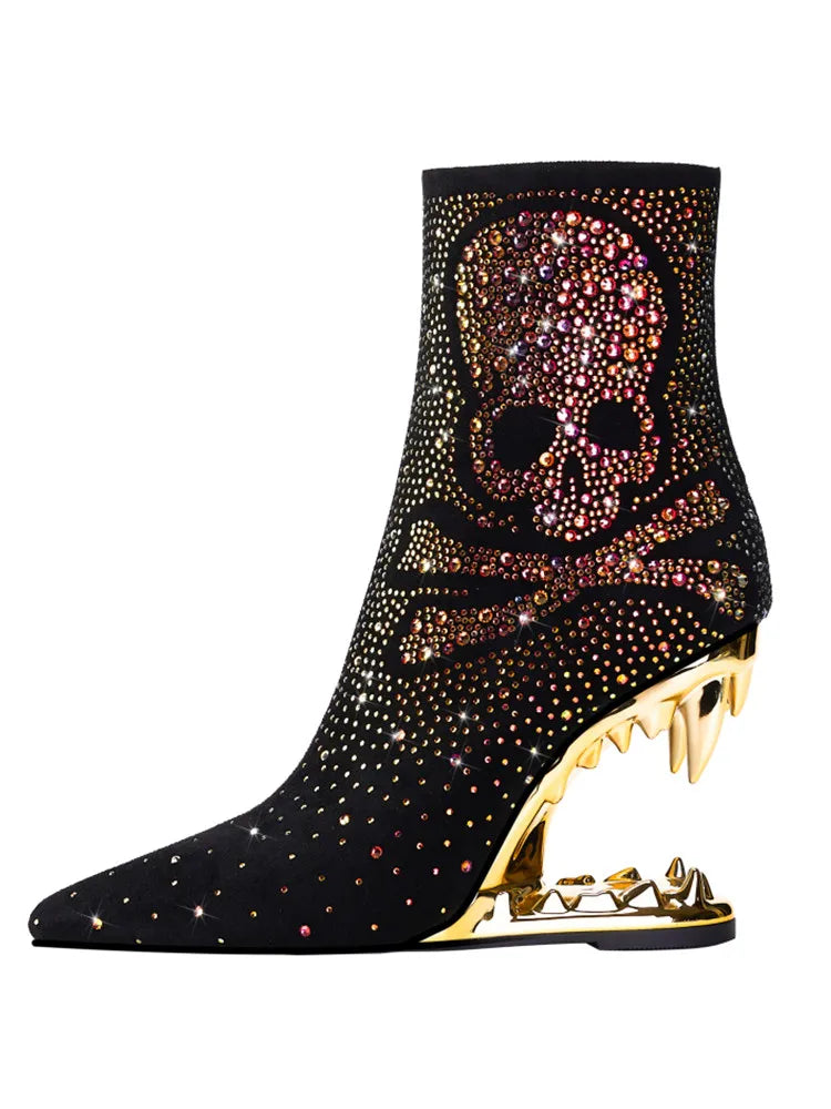 Women's Autumn and Winter New Water Diamond Knee Long Boots Pointed Side Zipper Tiger Teeth High Heels Banquet Party Boots golden-2