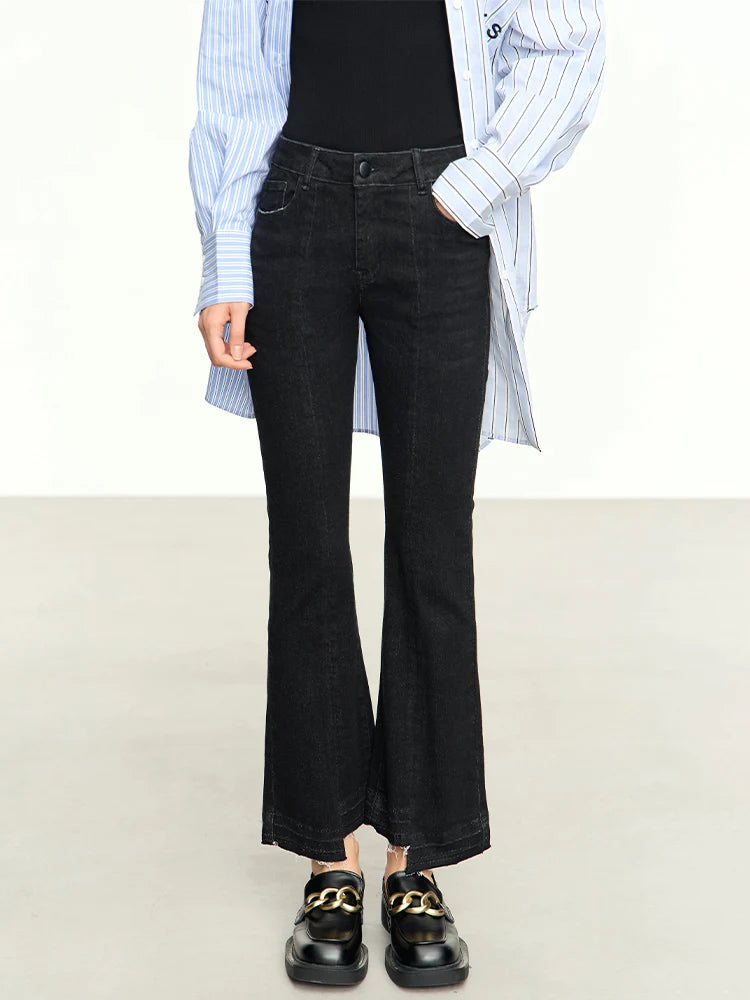 Minimalist Black Women Jeans Autumn Slim Ankle-length New Pants Asymmetrical Flare Retro Casual Trousers