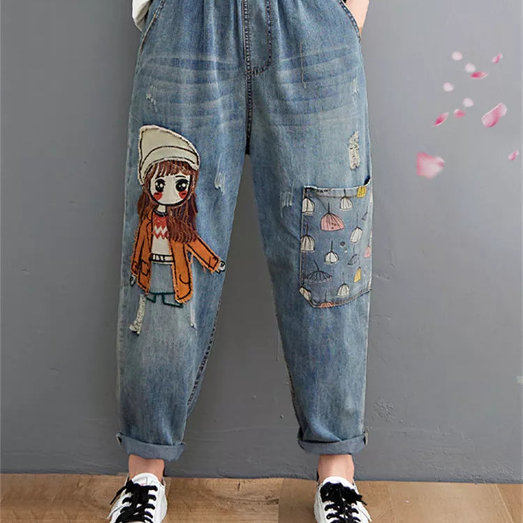 Cartoon Litter Girl Embroidery Denim Pants For Women Trendy Hole Casual High Waist Breeches Pockets Mom Harem Blue Jeans