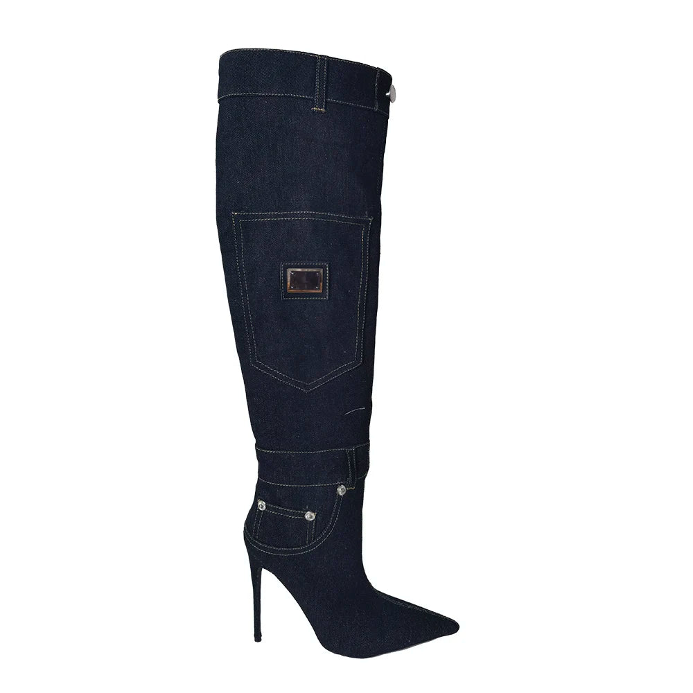YJXKJY Women Worn Washed Cloth Over The Knee Boots Sexy Ladies Dilapidated Blue Denim Pocket Pointed Toe High Heels Party Shoes Black long