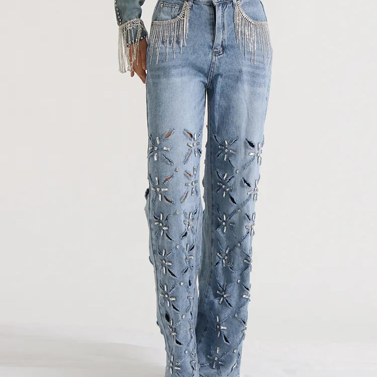 TWOTWINSTYLE Hollow Out Casual Jeans For Women Highh Waist Patchwork Tassel Chic Straight Wide Leg Jean Female Fashion Clothing