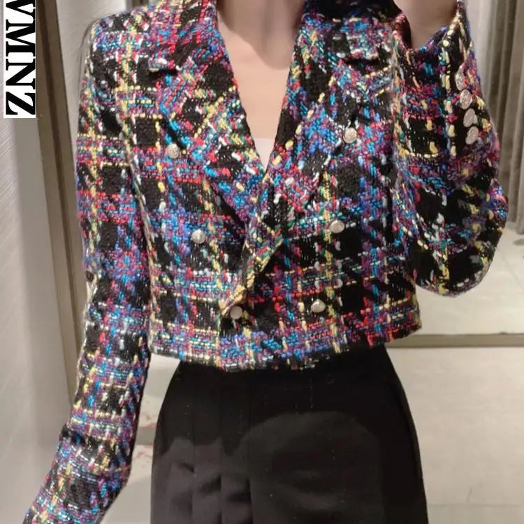 Women's jacket fashion double-breasted tweed cropped blazer vintage long sleeve female outerwear chic veste femme
