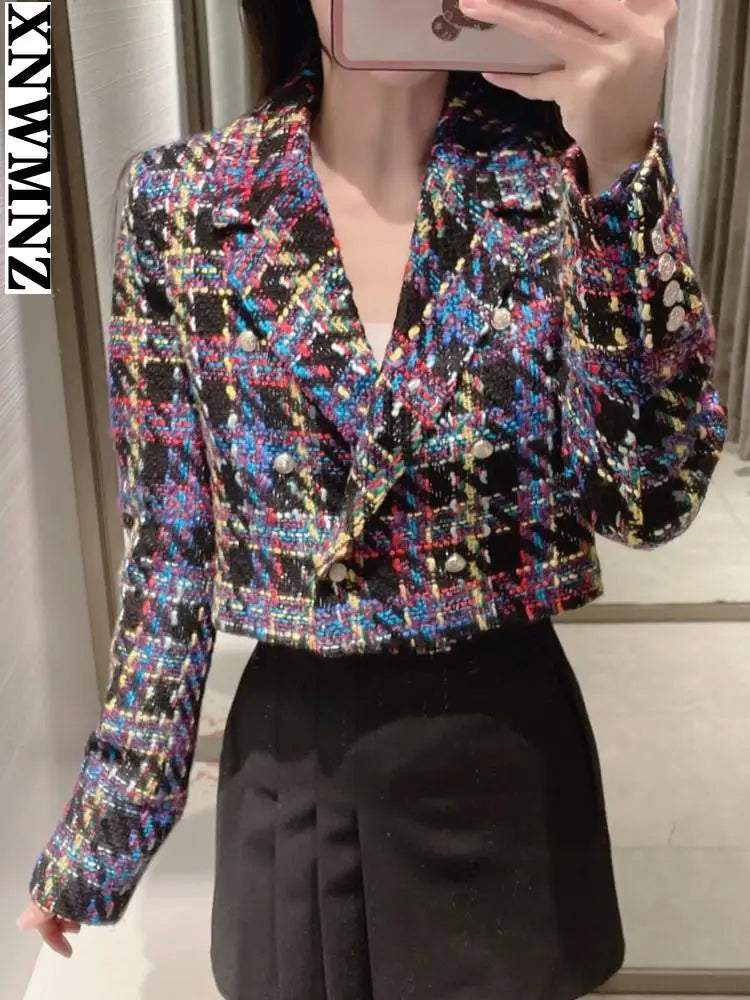 Women's jacket fashion double-breasted tweed cropped blazer vintage long sleeve female outerwear chic veste femme