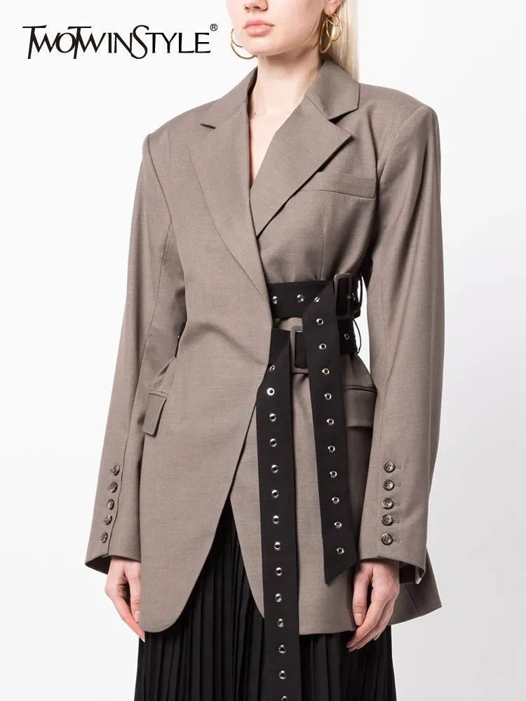 TWOTWINSTYLE Patchwork Belt Chic Blazer For Women Notched Collar Long Sleeve Spliced Pocket Temperament Blazers Female Fashion