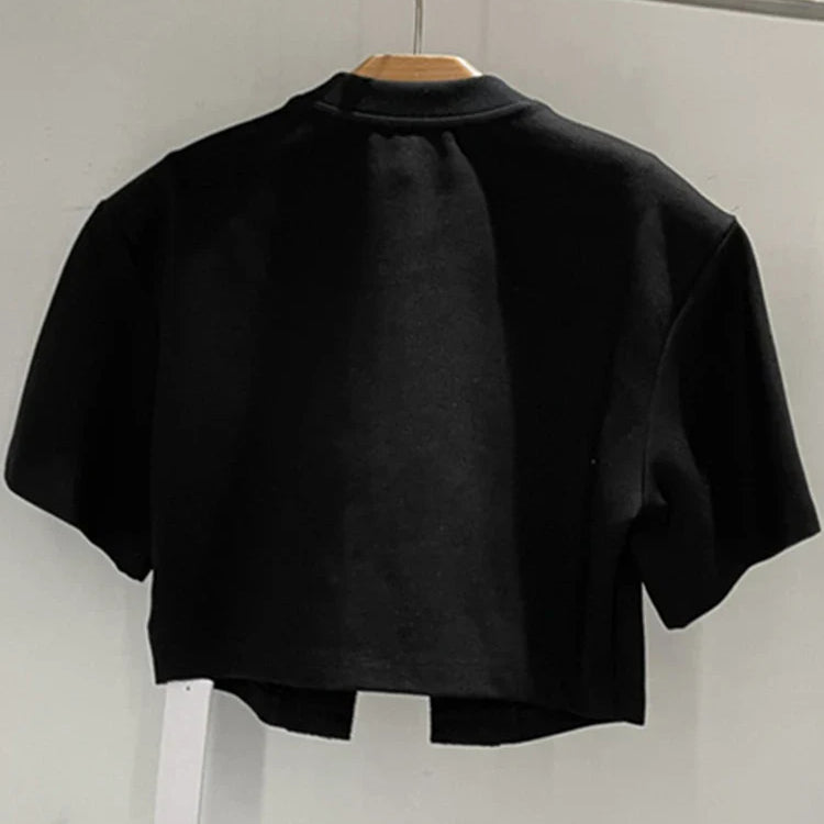 VGH Solid Patchwork Diamonds Split T Shirt For Women Round Neck Short Sleeve Slimming Minimalist T Shirts Female Fashion Style