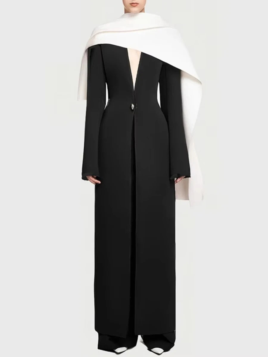 TWOTWINSTYLE Solid Slimming Spliced Button Minimalist Jackets for Women V Neck Long Sleeves Patchwork Cape Jacket Female Fashion