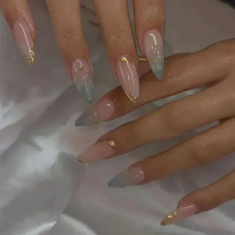 24pcs Short Almond Press on Nails 3D Flower Butterfly Fake Nails with Glue Colorful Natural Acrylic False Nails Full Cover Nails