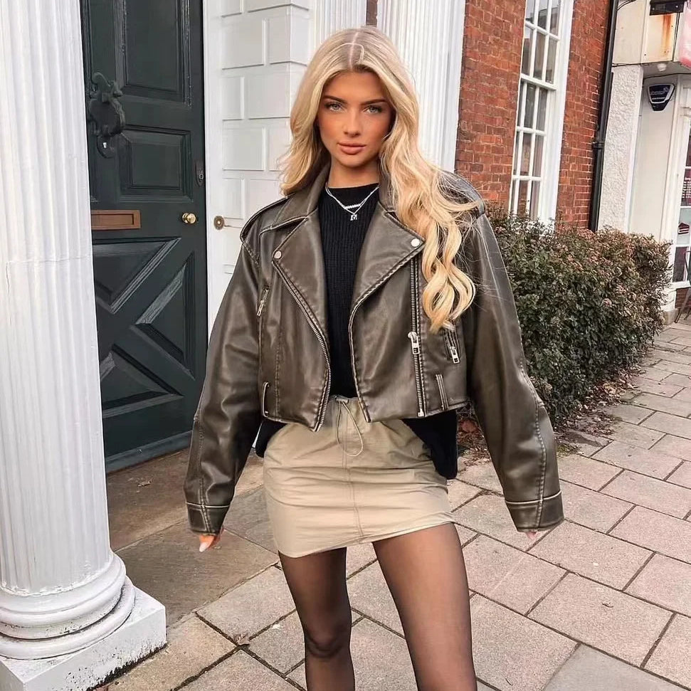 Women Vintage Loose Pu Faux Leather Short Jacket with Belt Streetwear Female Zipper Retro Moto Biker Coat Outwear Tops