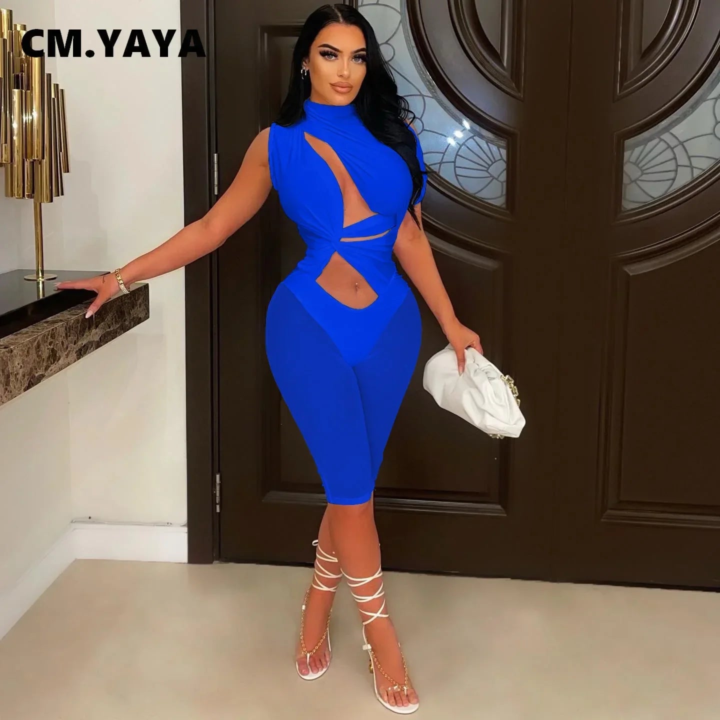 CMYAYA Women 2022 Sexy Party Playsuit Cut Out Mesh Patchwork Tie Waist Stretch Knee Length Jumpsuit Oversized One Piece Set Blue