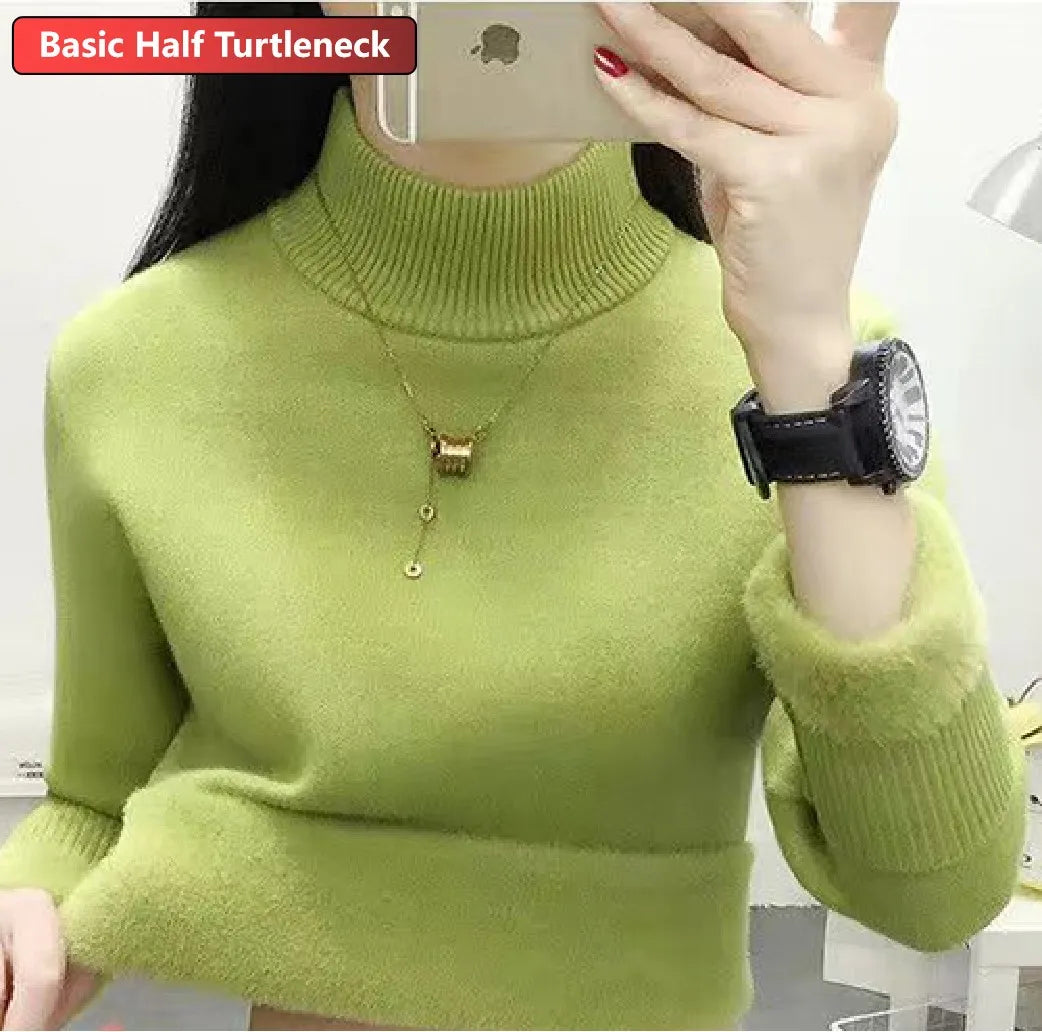 Turtleneck Winter Sweater Women Elegant Thicken Velvet Lined Warm Sueter Knitted Pullover Slim Tops Jersey Knitwear Jumper New HT green