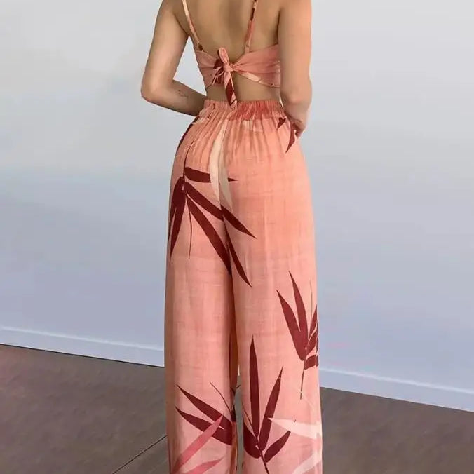 Summer New Women's Suit Sexy Sleeveless Backless Womens Outfits Leaf Print Crop Top & Wide Leg Pants Set Long Pants 2 Piece Sets