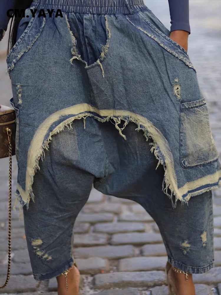 CM.YAYA Women Streetwear Ripped Out Hole Denim Pants 2025 Fall Autumn Loose Safari Style Cargo Harem Hip Hop Jeans