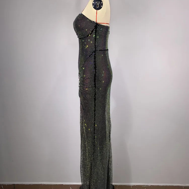 Women Summer Sexy Strapless Crystal Sparkly Diamonds Black Maxi Long Dress 2024 Elegant Party Evening Stage Performance Vestido