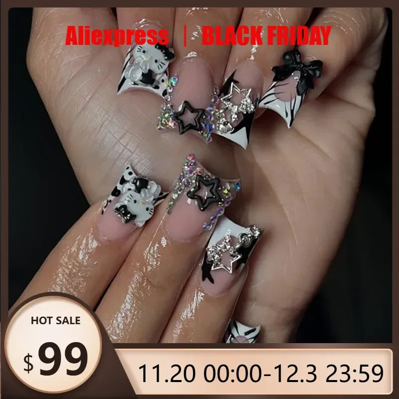 24Pcs Black and White Kitten Press on Nail False Nail Square Removable Handmade Wearable Nail Art for Women&Girl
