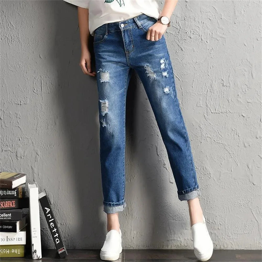 Fashion New Women Mid Waist Boyfriend Big Ripped Hole Jeans Casual High Street Denim Pants Sexy Vintage Pencil Jeans y2k