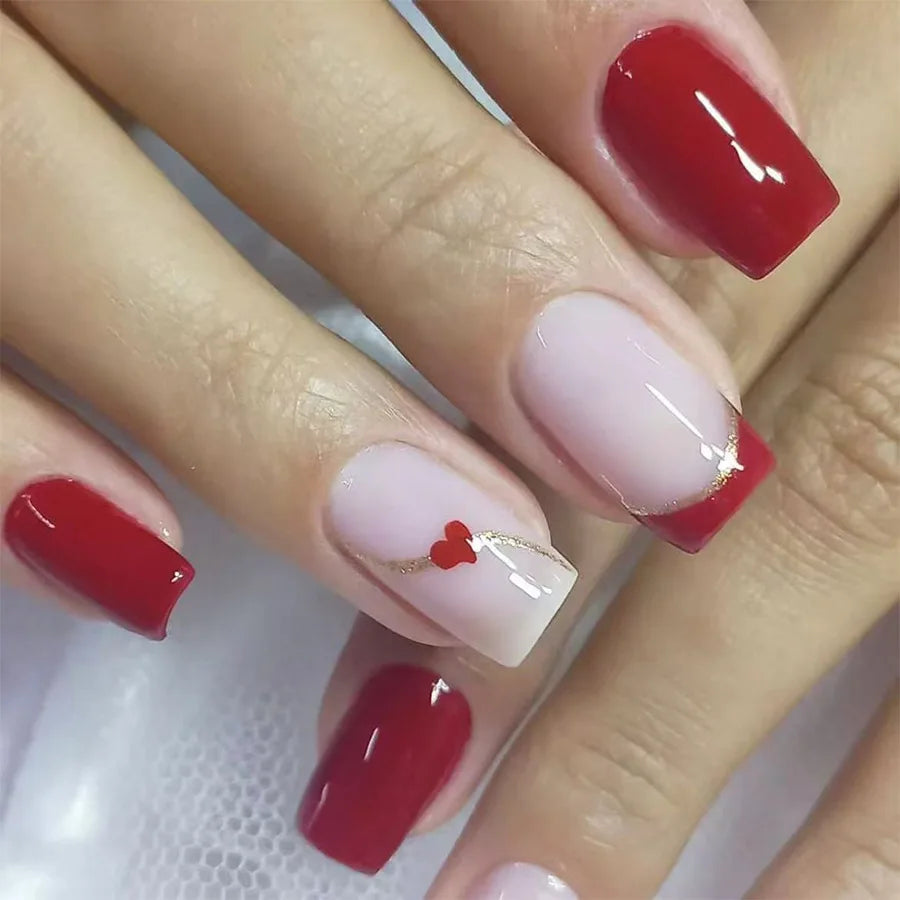 24Pc Square French Fake Nails with Heart Love Designs Glossy White Pink Press on Nails Full Cover False Nail for Valentine's Day