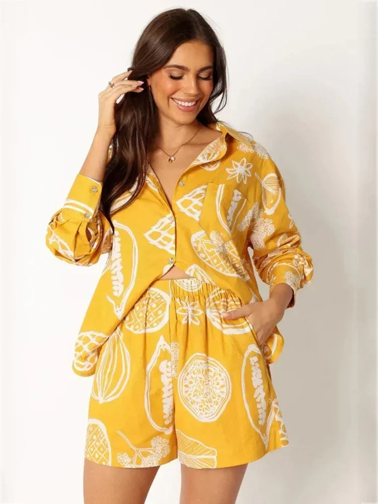 Foridol Fruit Printed Pockets Casual Shirt+shorts Set Outfits Matching Set Summer Women Spring Beach Oversize White Set
