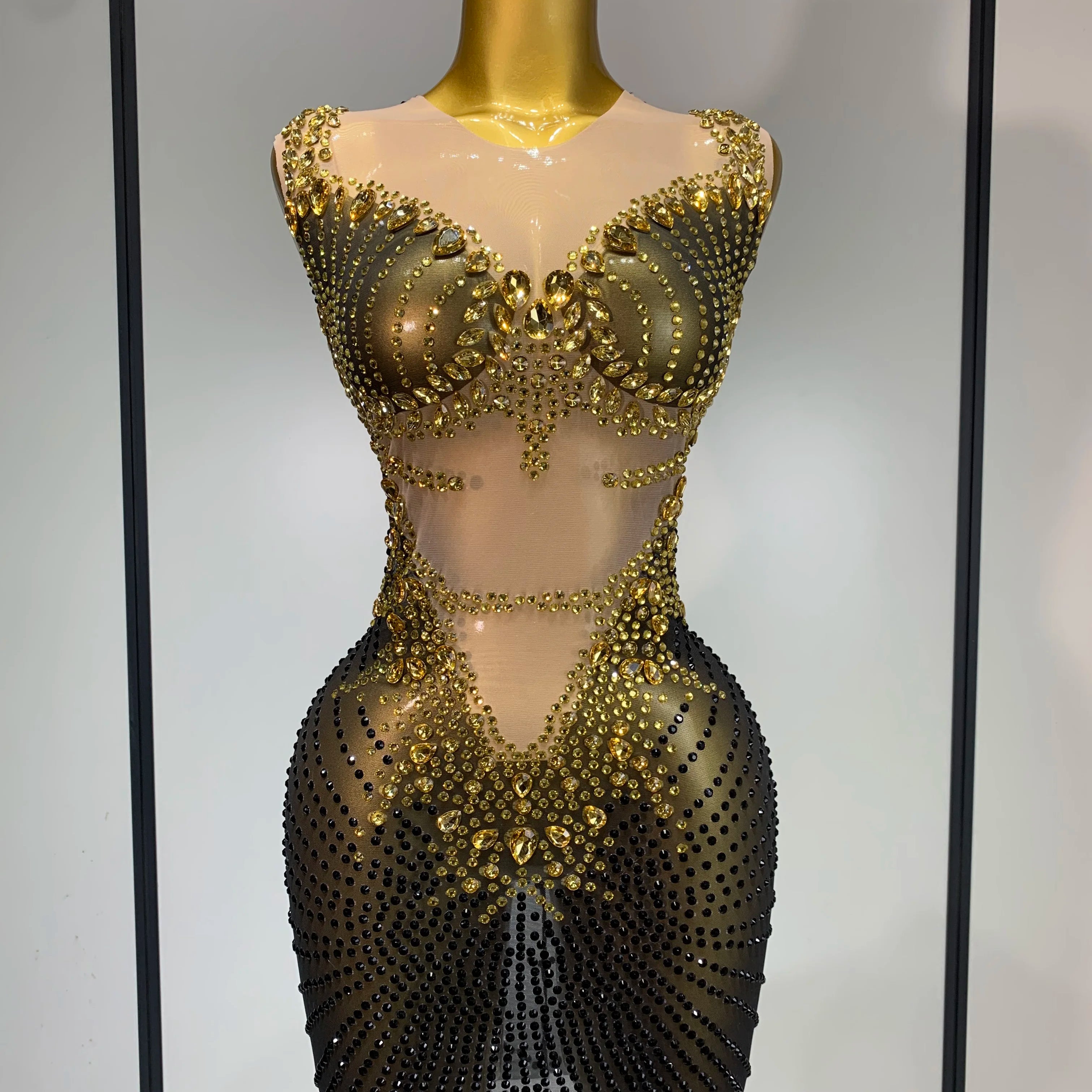 Sparkly Gold Rhinestone Transparent Sleeveless Mini Dress Evening Birthday Celebrate Party Nightclub Dance Performance Outfit