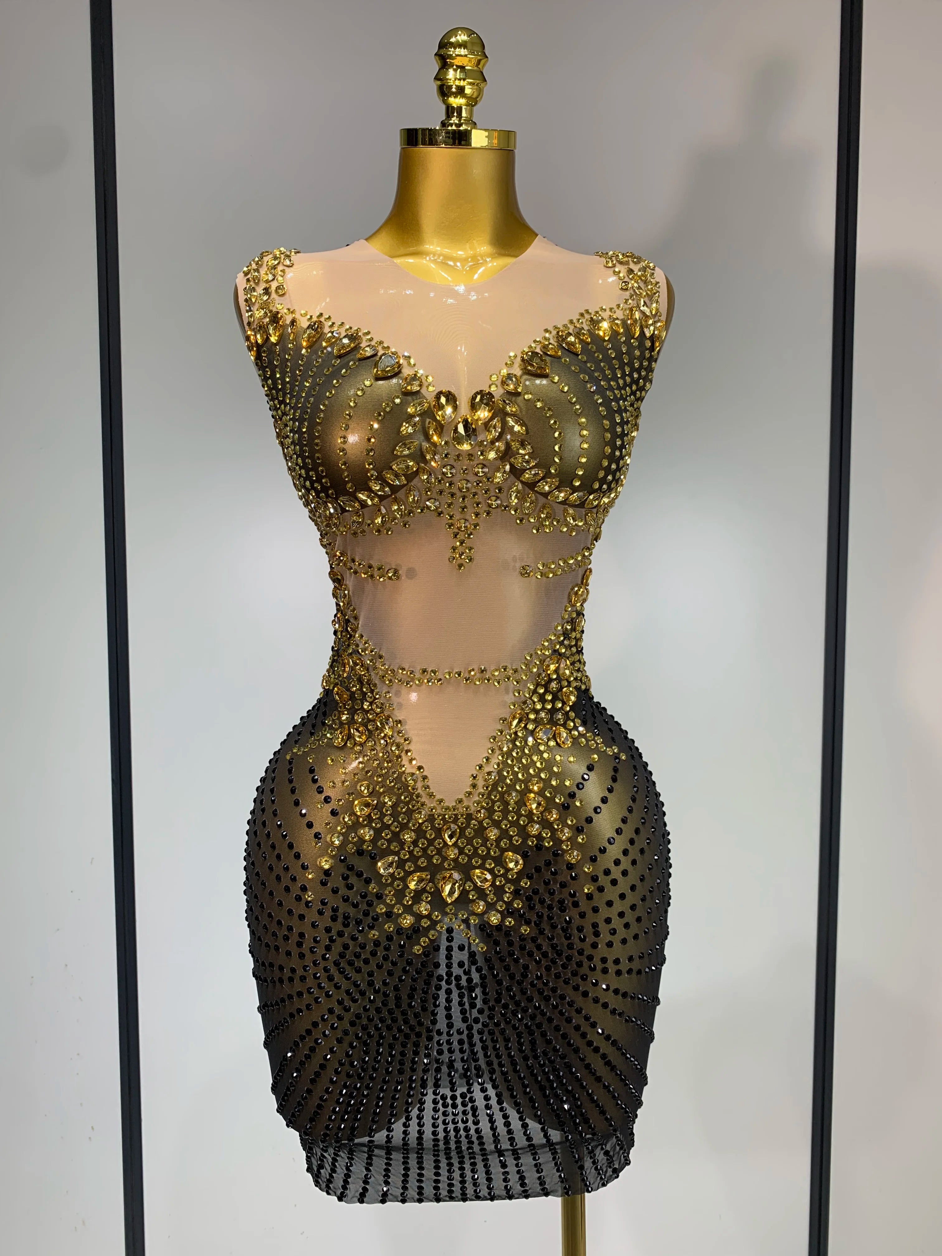 Sparkly Gold Rhinestone Transparent Sleeveless Mini Dress Evening Birthday Celebrate Party Nightclub Dance Performance Outfit