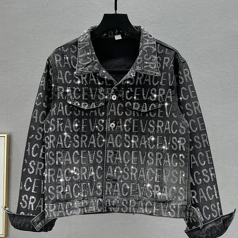Denim Jacket Women Spring Autumn New Loose Heavy-Duty Letter Rhinestone Long-Sleeve Black Jean Jacket Female Jaquetas
