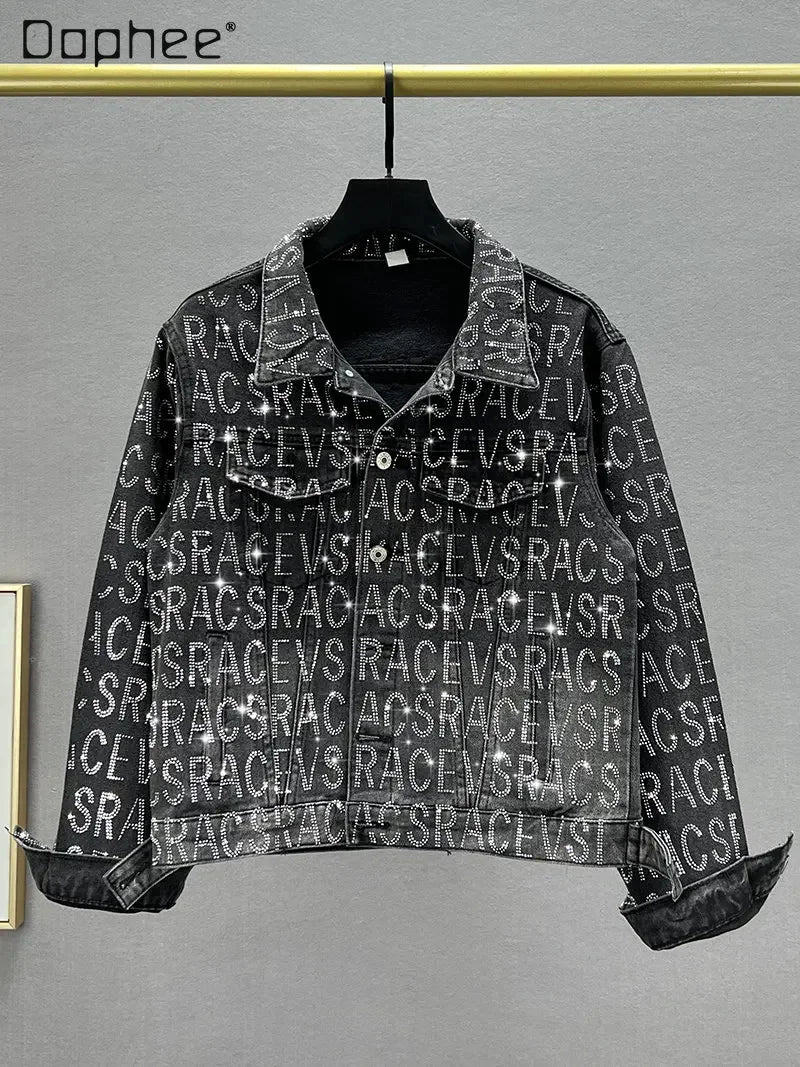Denim Jacket Women Spring Autumn New Loose Heavy-Duty Letter Rhinestone Long-Sleeve Black Jean Jacket Female Jaquetas