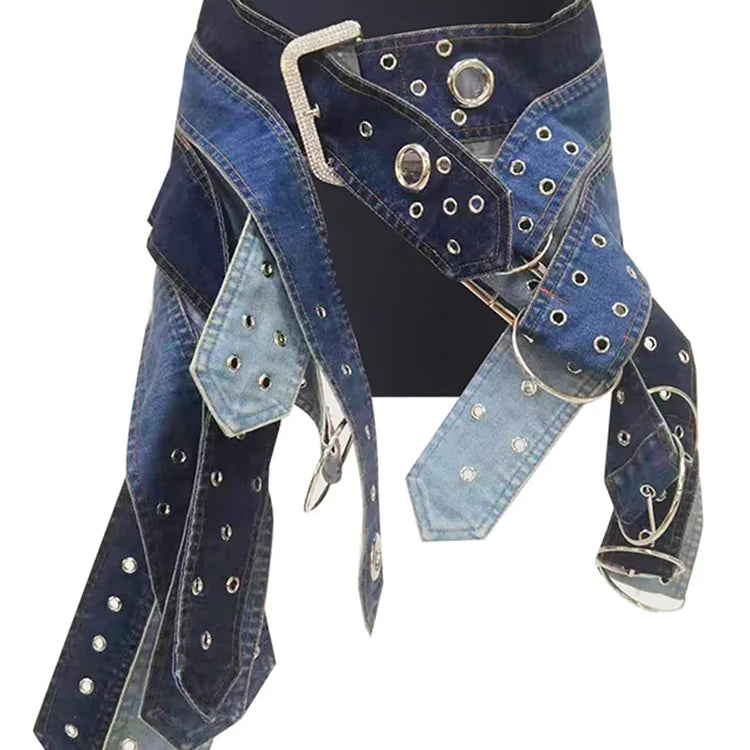 DEAT Fashion Women's Denim Skirt Low Waist Washed Irregular Metal Hole Belt Spliced A-line Skirts Autumn 2023 New Tide 7AB767