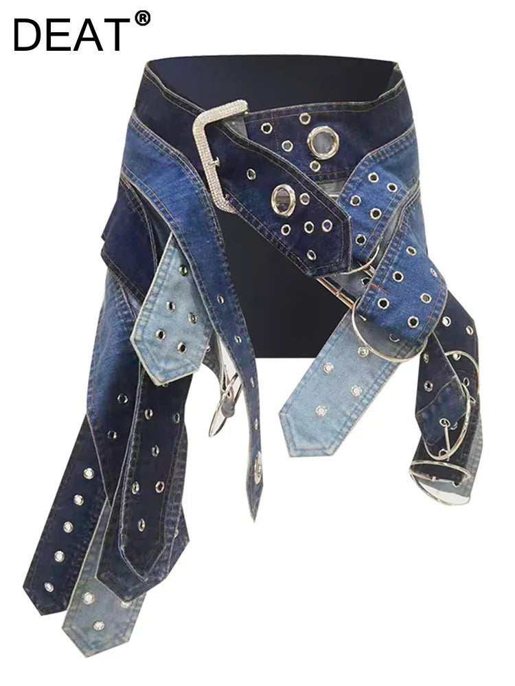 DEAT Fashion Women's Denim Skirt Low Waist Washed Irregular Metal Hole Belt Spliced A-line Skirts Autumn 2023 New Tide 7AB767