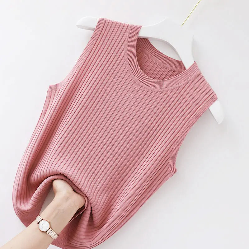 Summer Ice Silk Vest Women's Korean Version Solid Color Knitted Thin Loose Temperament Round Neck Sleeveless Top for Outer Wear Pink
