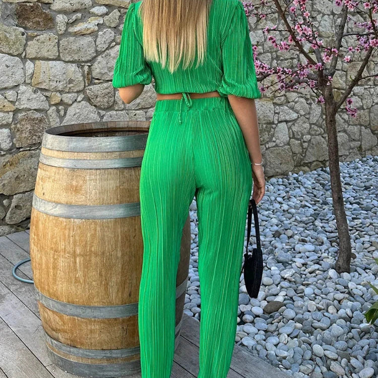 Pant Sets Summer Outfits for Women Casual Straight Leg Trouser Set New Solid Color Suit Short Sleeve V-Neck Two Piece Set