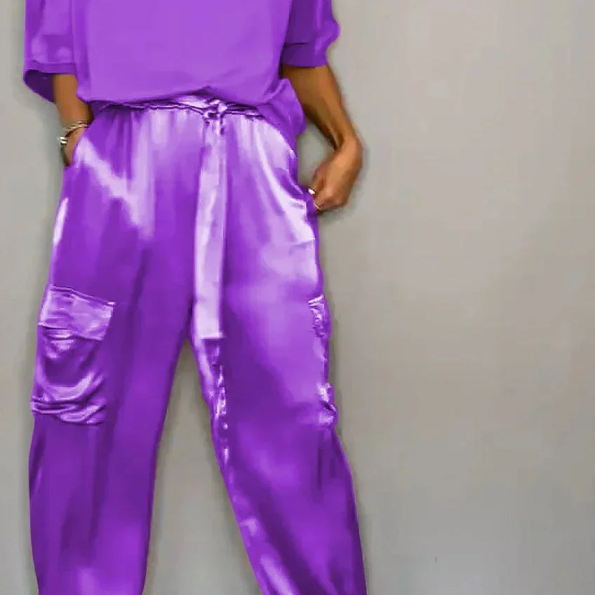Summer Fashion Solid Satin Two Piece Set Women Round Neck Long Sleeved Top Long Pants Casual Loose Two Piece Set Women PURPLE